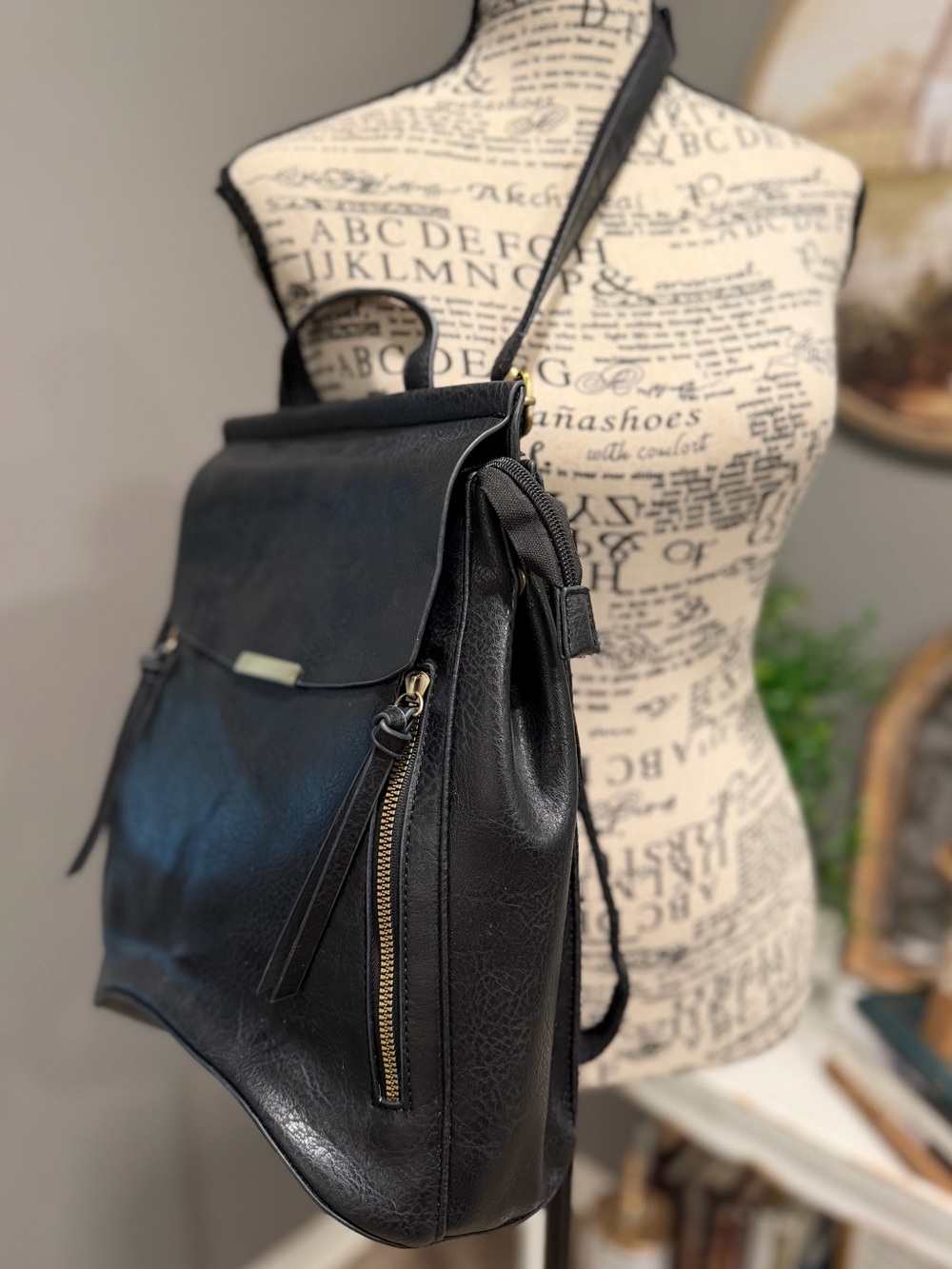 Mezon Black Convertible Leather-Look Backpack Crossbody